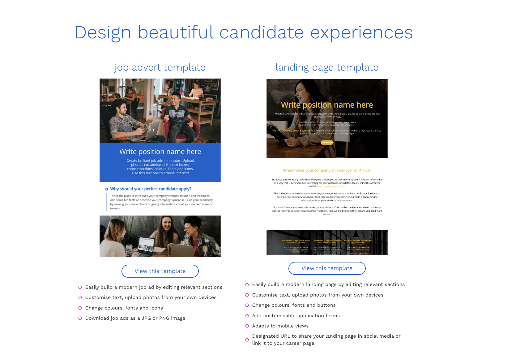Recruitment marketing tools - create job adverts and landing pages